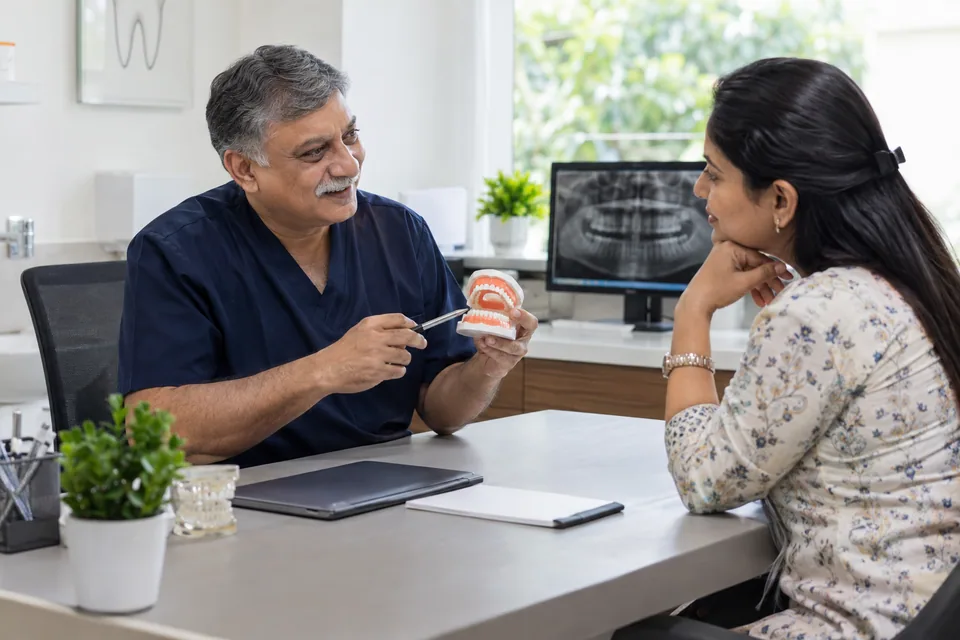 A dentist speaking with a patient
