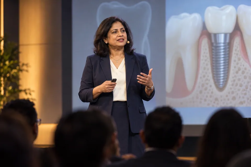 Illustrative scene of a dental expert speaking on stage at a professional conference