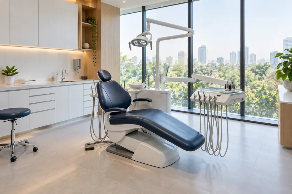 Illustrative premium dental clinic interior with a navy treatment chair, natural daylight and no people